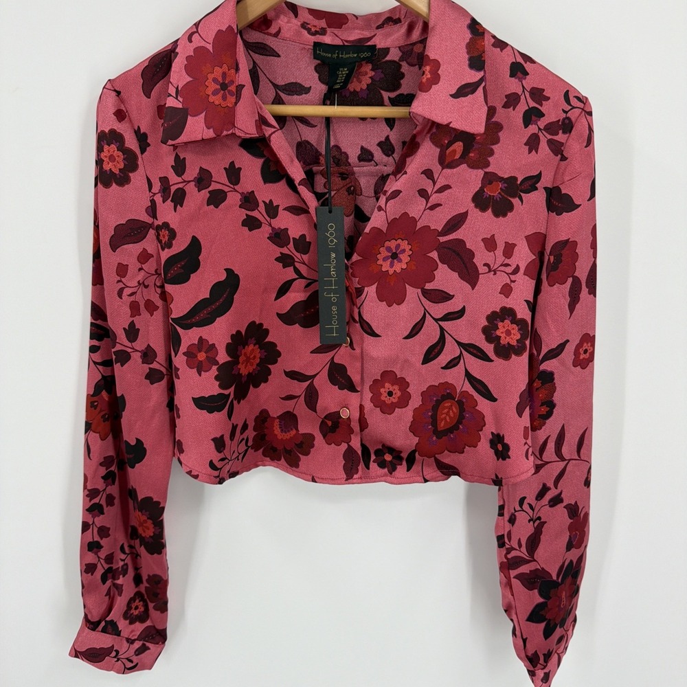 House Of Harlow 1960 M Blouse Crop Top Hot Pink Burgandy Flowers Satin NWT